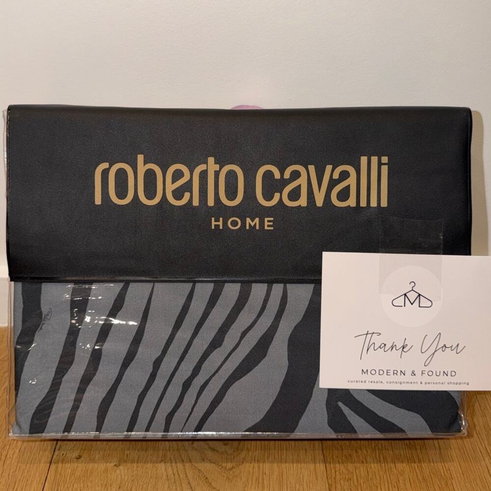 NEW Roberto Cavalli Home 4 Piece QUEEN Sheet Set Black/Gray Zebra Print Cotton
